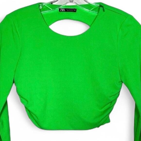 ZARA Long Sleeve Crop Top Open Back Cut Out Cropped Shirt Sz Small Green Stretch - Picture 4 of 8